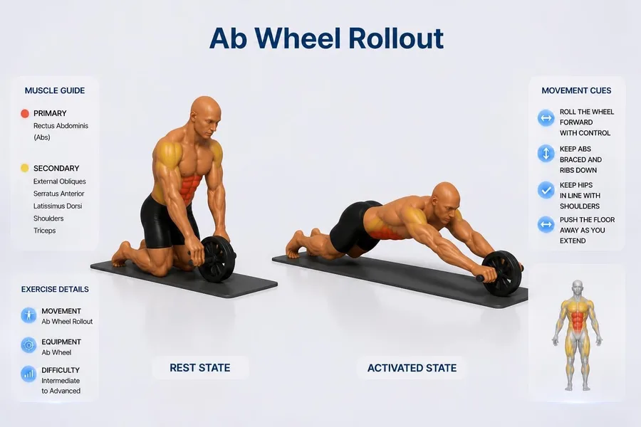Ab Wheel Rollout — rest and activated positions with muscles worked