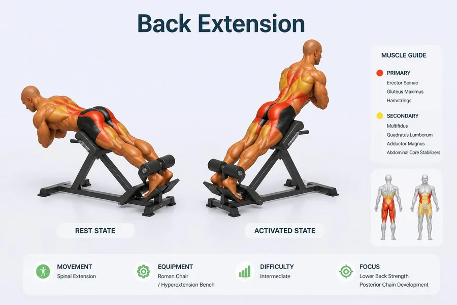Back Extension — rest and activated positions with muscles worked
