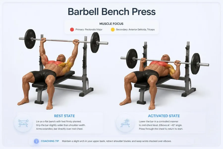 Bench Press — rest and activated positions with muscles worked