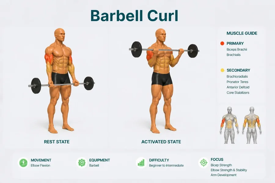 Bicep Curl — rest and activated positions with muscles worked