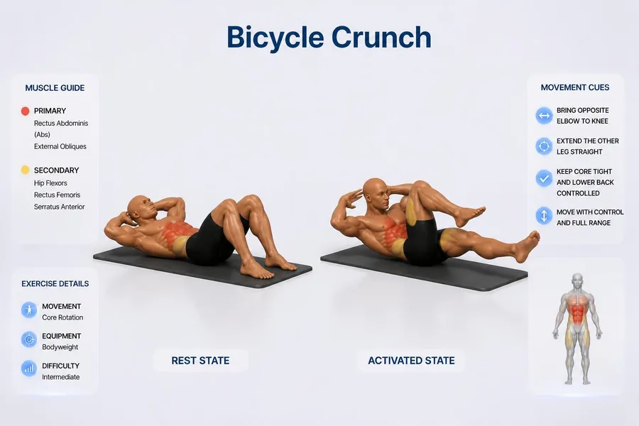Bicycle Crunch — rest and activated positions with muscles worked