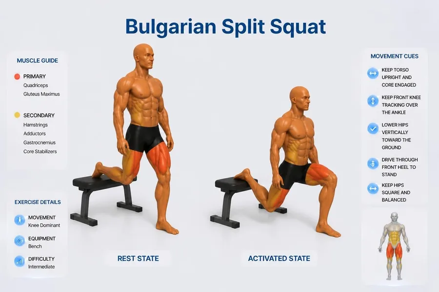 Bulgarian Split Squat — rest and activated positions with muscles worked