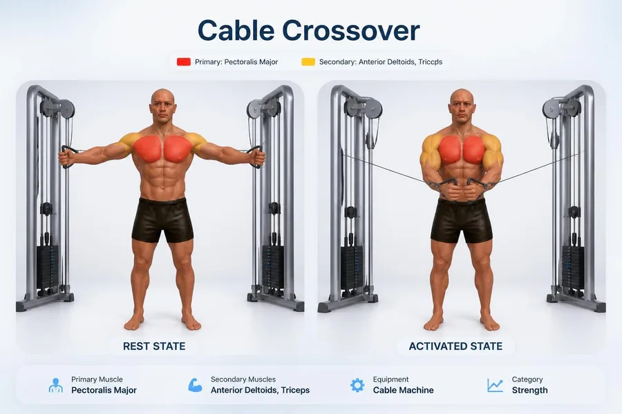 Cable Crossover — rest and activated positions with muscles worked
