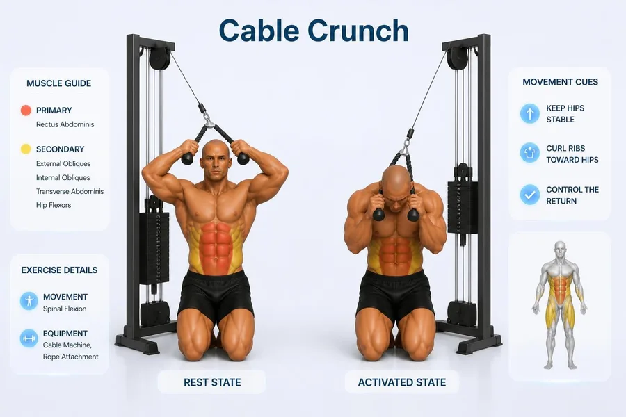 Cable Crunch — rest and activated positions with muscles worked