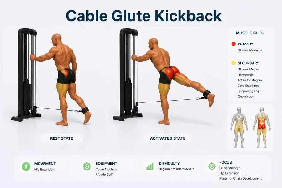 Cable Glute Kickback — rest and activated positions with muscles worked
