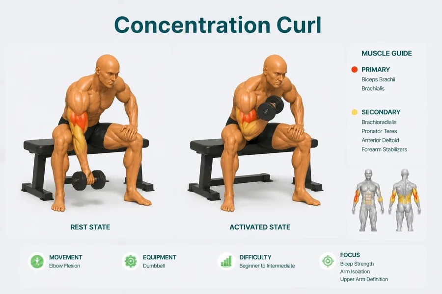 Concentration Curl — rest and activated positions with muscles worked