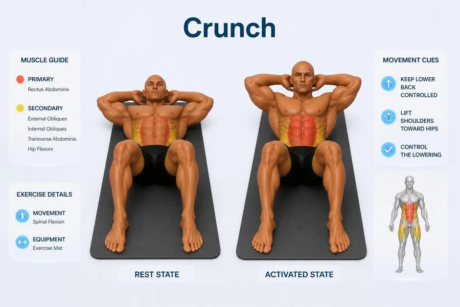 Crunch — rest and activated positions with muscles worked