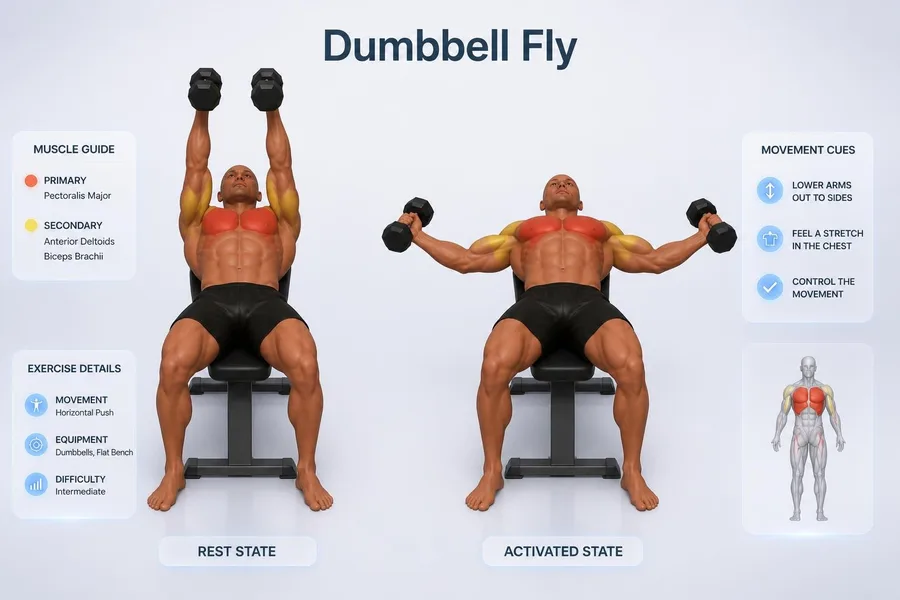 Dumbbell Fly — rest and activated positions with muscles worked