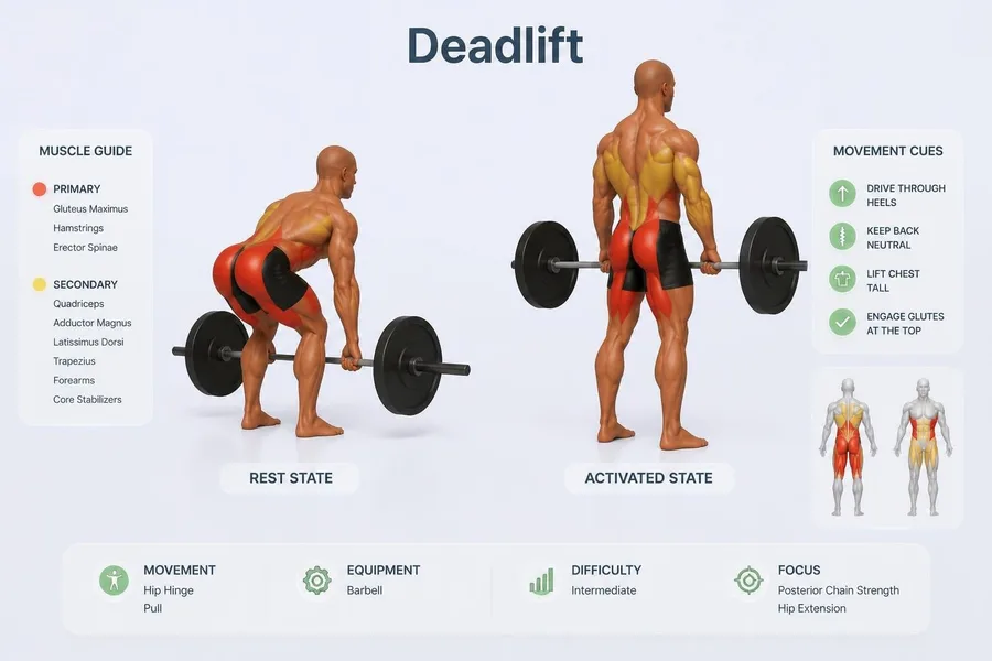 Deadlift — rest and activated positions with muscles worked