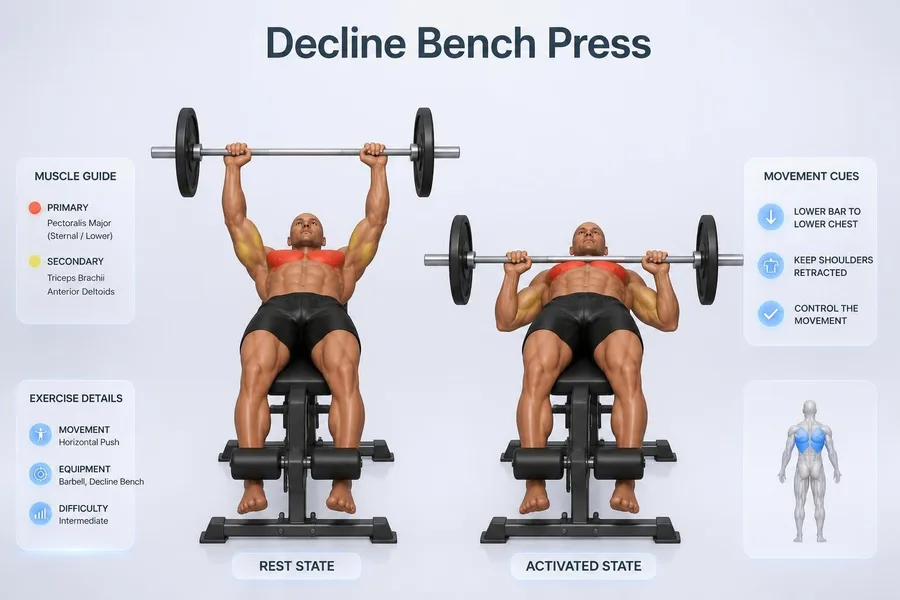Decline Bench Press — rest and activated positions with muscles worked