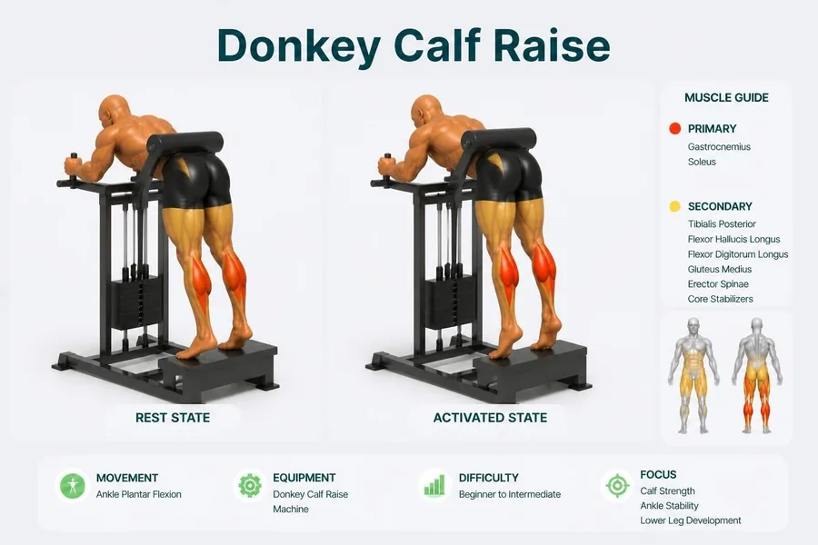 Donkey Calf Raise — rest and activated positions with muscles worked