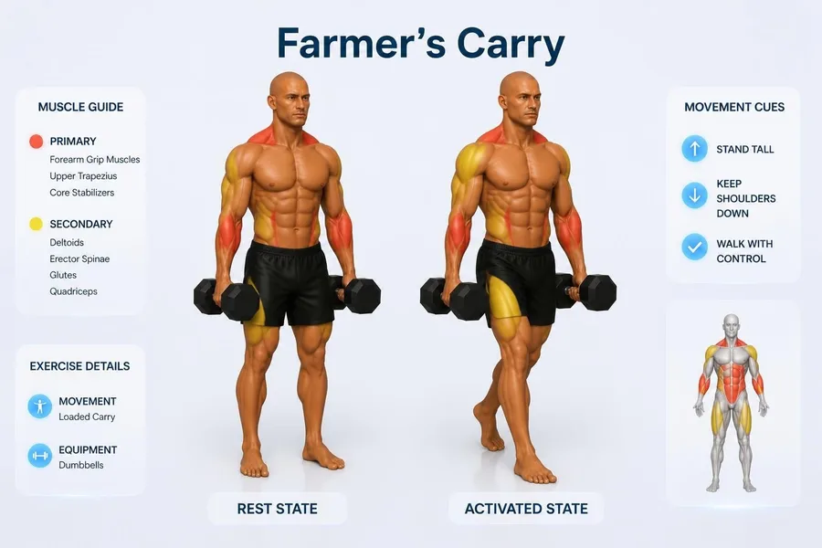Farmer's Carry — rest and activated positions with muscles worked