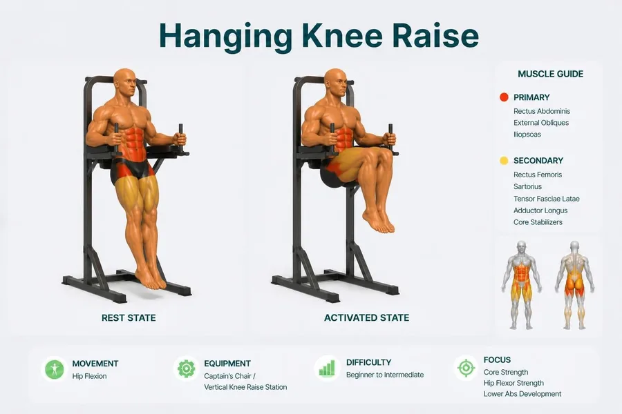 Hanging Knee Raise — rest and activated positions with muscles worked