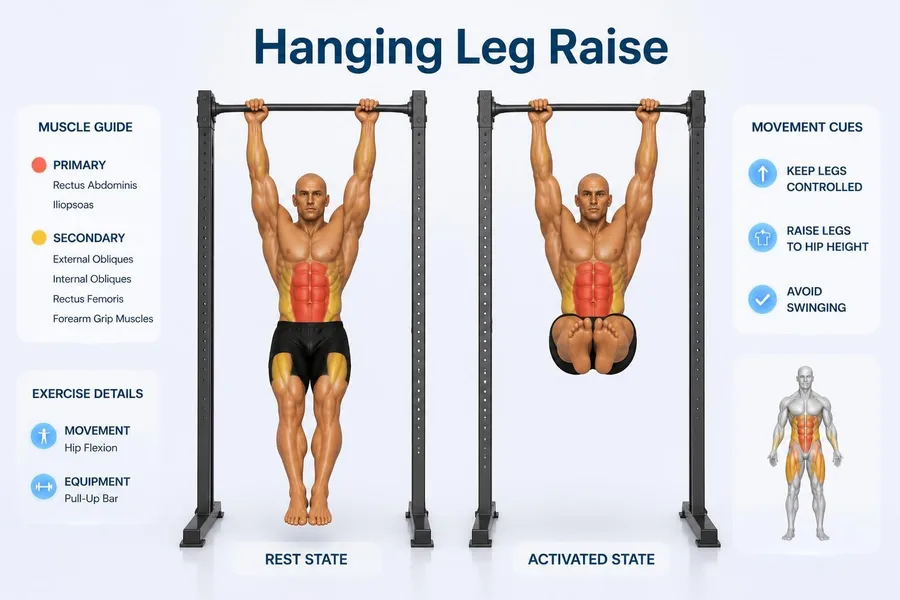 Hanging Leg Raise — rest and activated positions with muscles worked