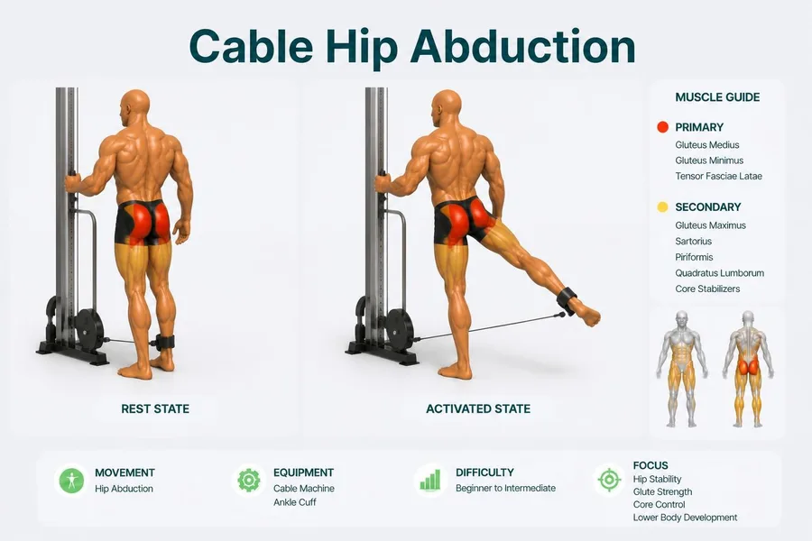 Cable Hip Abduction — rest and activated positions with muscles worked