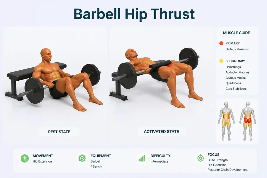 Hip Thrust — rest and activated positions with muscles worked