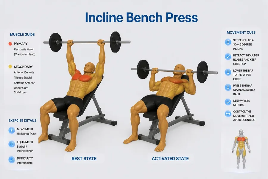 Incline Bench Press — rest and activated positions with muscles worked