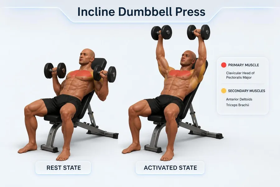 Incline Dumbbell Press — rest and activated positions with muscles worked