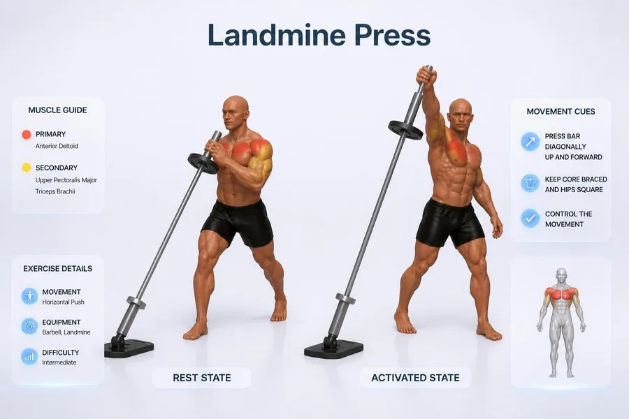 Landmine Press — rest and activated positions with muscles worked