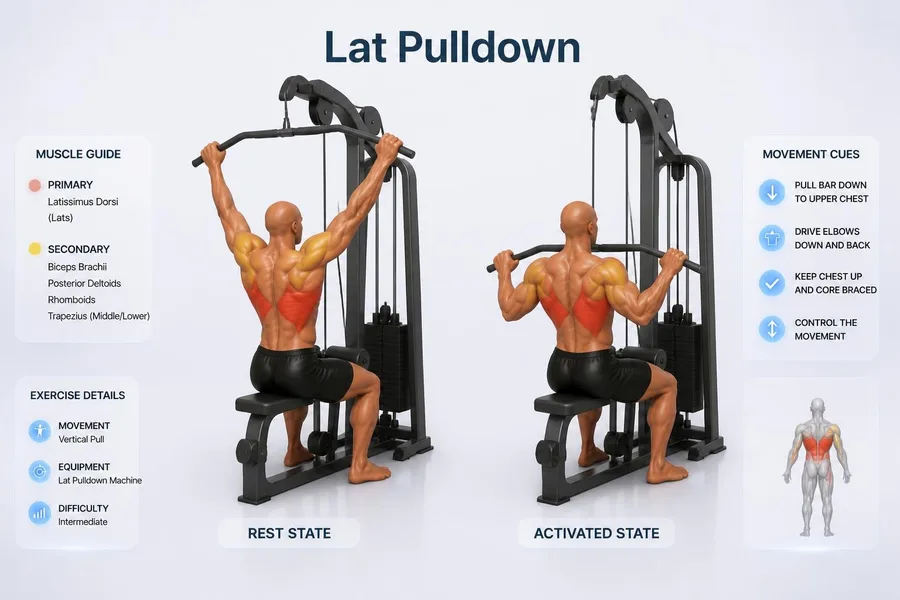Lat Pulldown — rest and activated positions with muscles worked