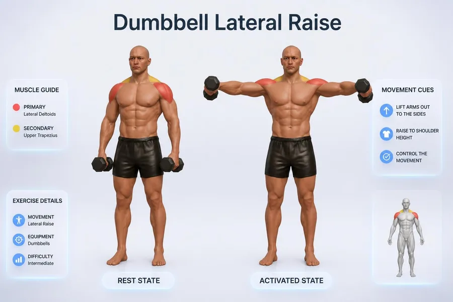 Lateral Raise — rest and activated positions with muscles worked