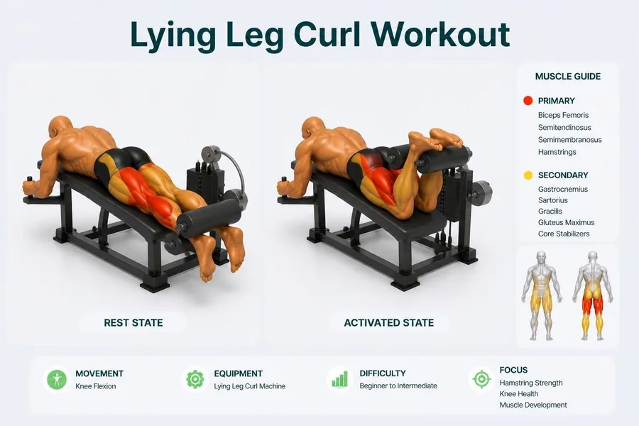 Leg Curl — rest and activated positions with muscles worked