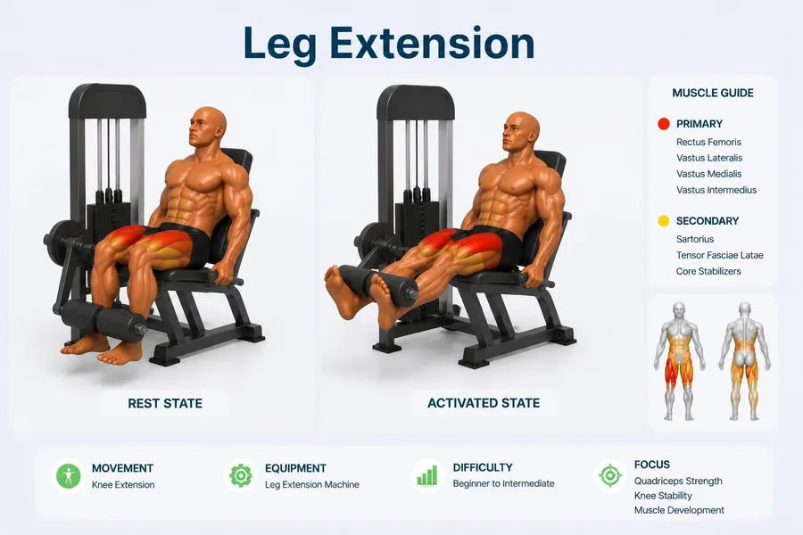 Leg Extension — rest and activated positions with muscles worked