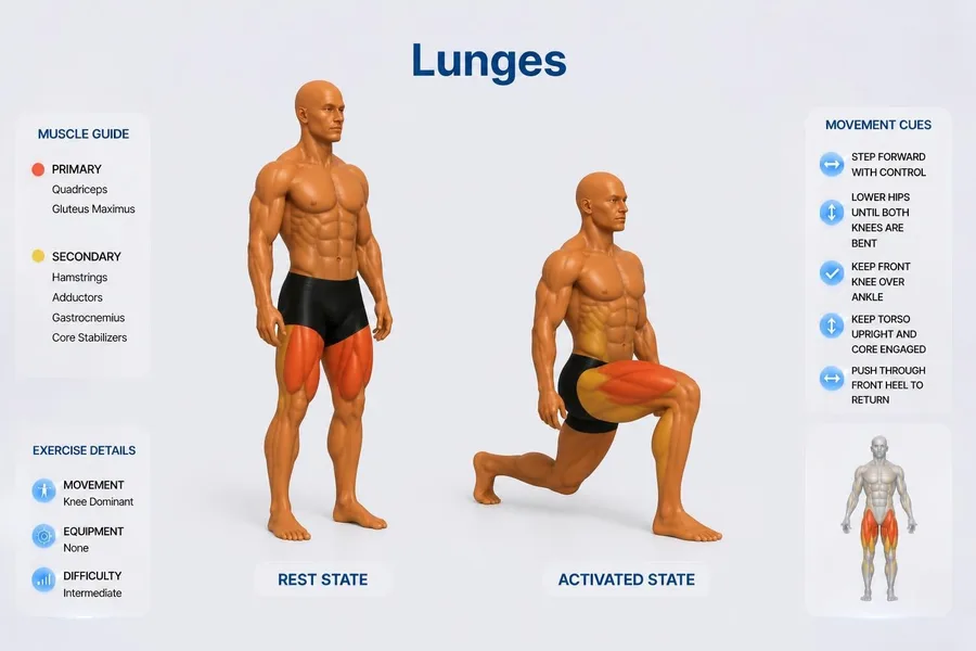 Lunge — rest and activated positions with muscles worked