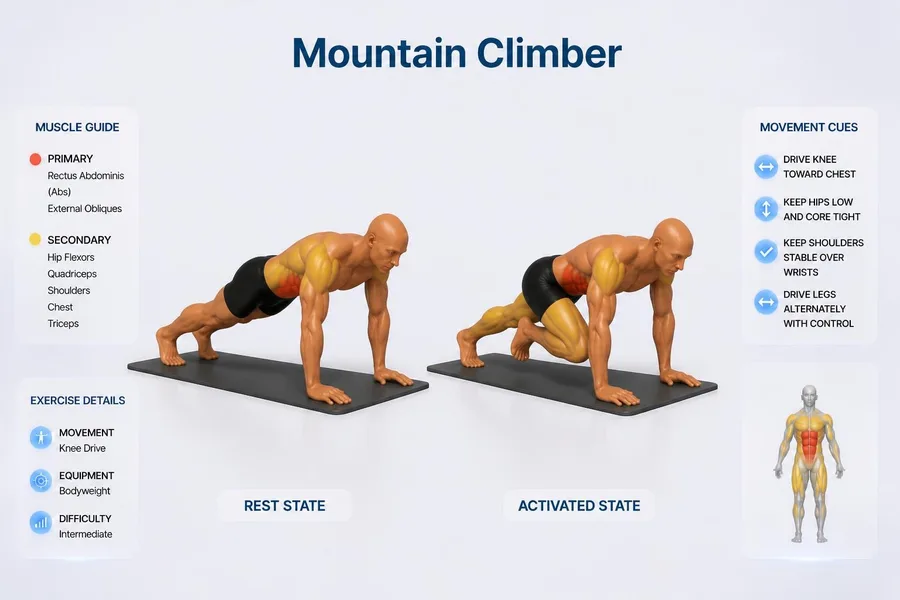 Mountain Climber — rest and activated positions with muscles worked