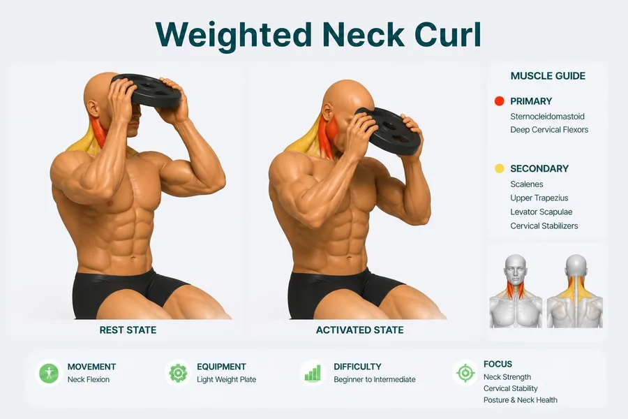 Weighted Neck Curl — rest and activated positions with muscles worked