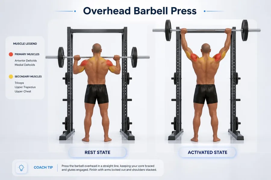 Overhead Press — rest and activated positions with muscles worked