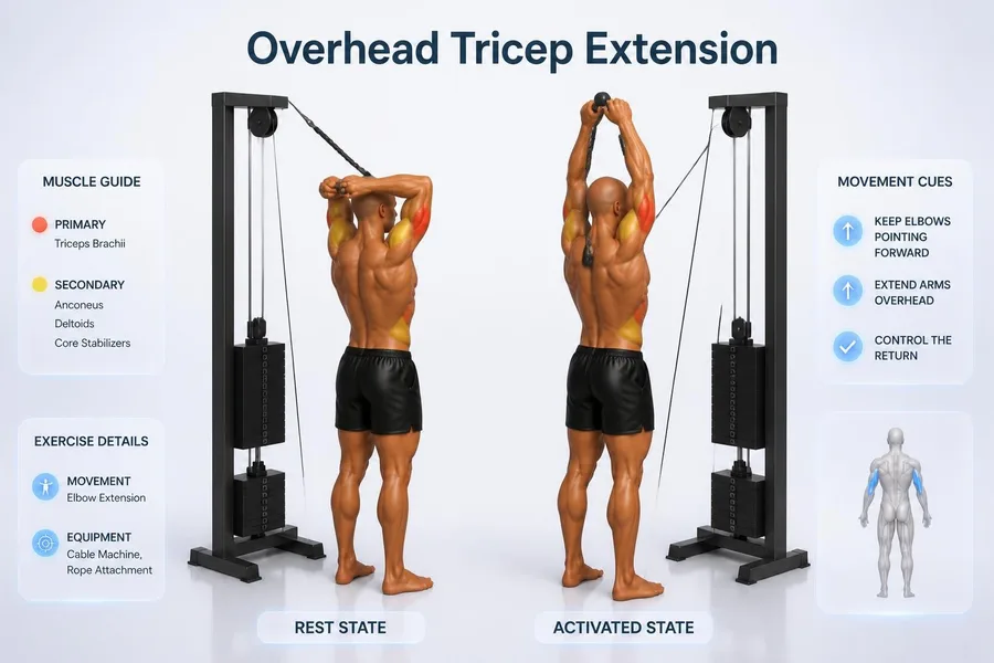 Overhead Tricep Extension — rest and activated positions with muscles worked