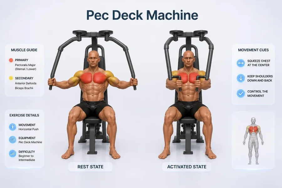Pec Deck Machine — rest and activated positions with muscles worked