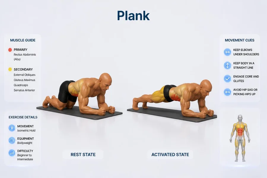 Plank — rest and activated positions with muscles worked
