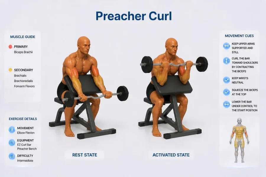 Preacher Curl — rest and activated positions with muscles worked