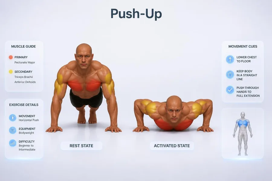 Push-Up — rest and activated positions with muscles worked