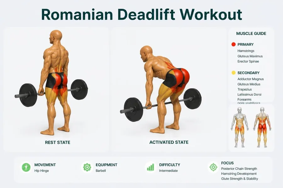 Romanian Deadlift — rest and activated positions with muscles worked