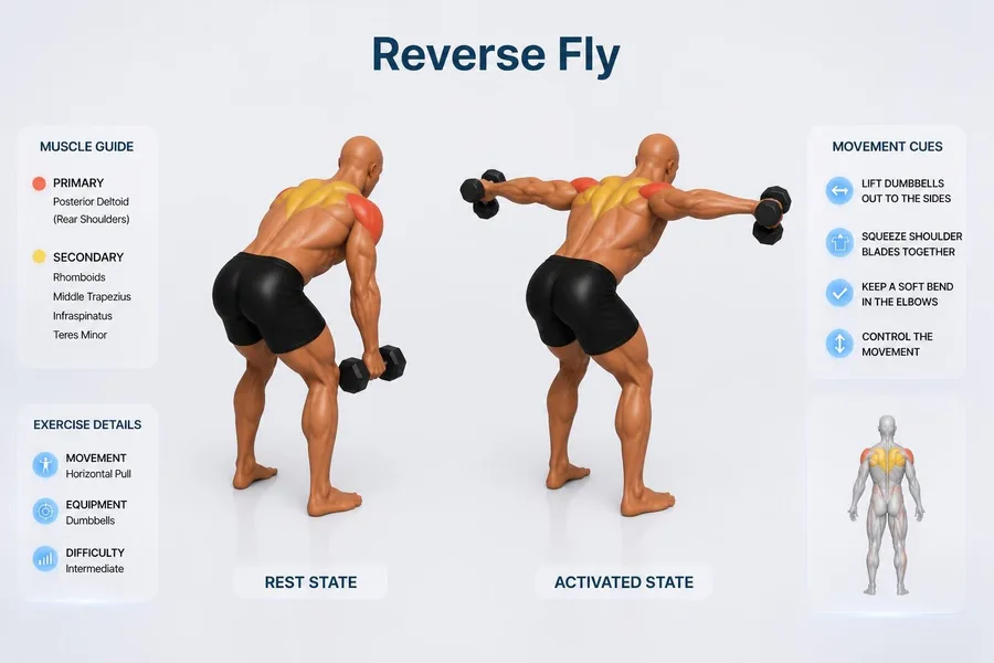 Reverse Fly — rest and activated positions with muscles worked