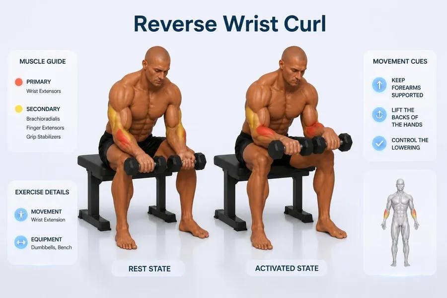 Reverse Wrist Curl — rest and activated positions with muscles worked