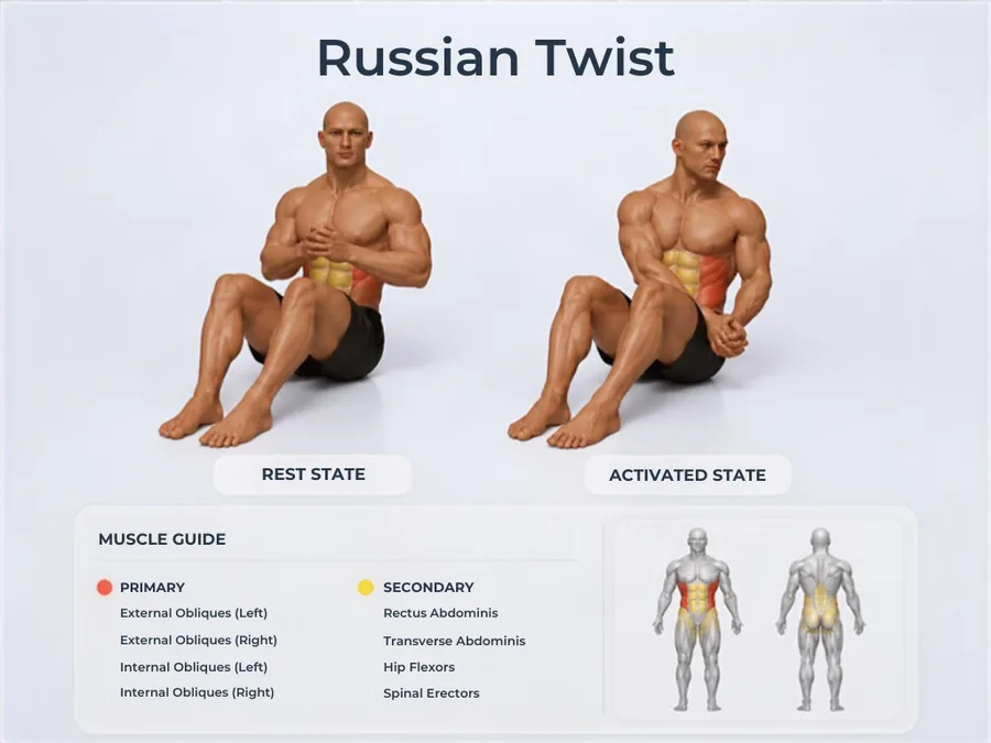 Russian Twist — rest and activated positions with muscles worked