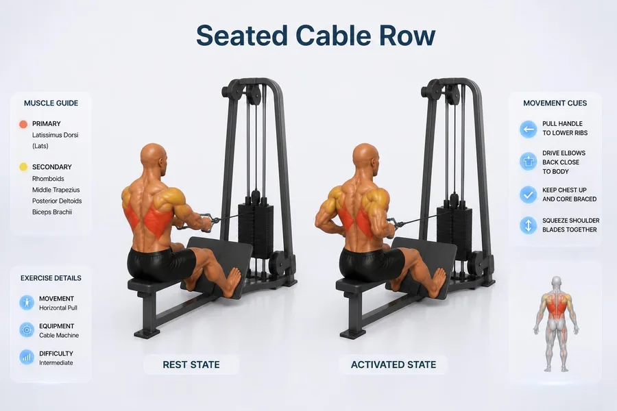 Seated Cable Row — rest and activated positions with muscles worked