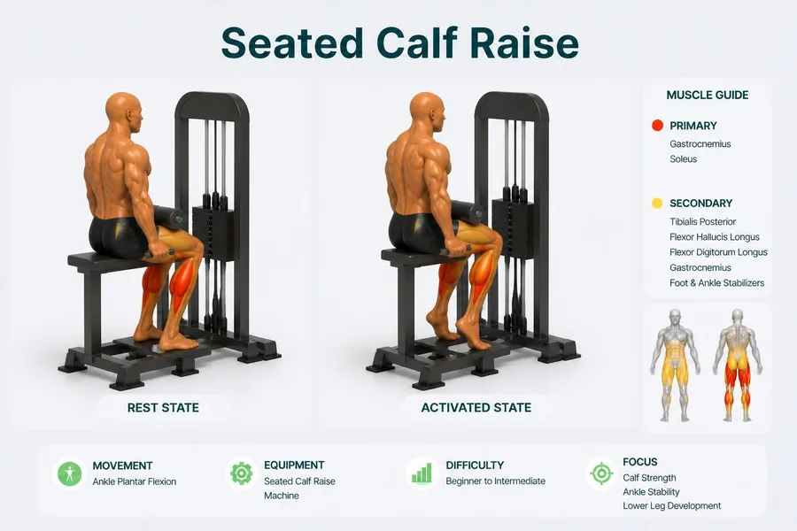 Seated Calf Raise — rest and activated positions with muscles worked