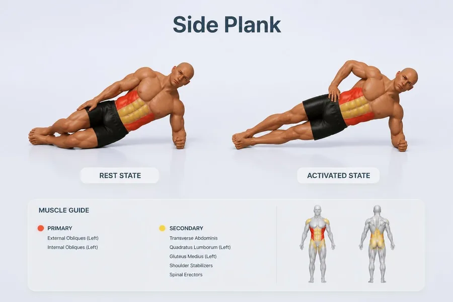 Side Plank — rest and activated positions with muscles worked