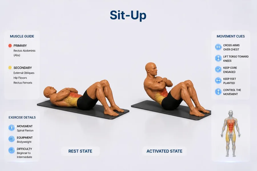 Sit-Up — rest and activated positions with muscles worked