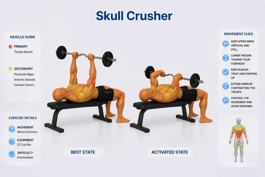 Skull Crusher — rest and activated positions with muscles worked