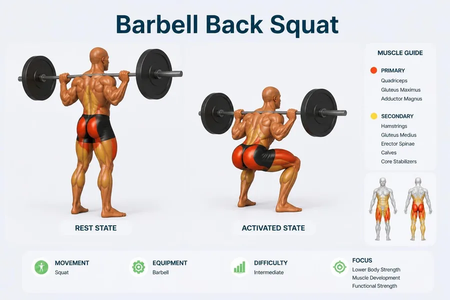 Squat — rest and activated positions with muscles worked