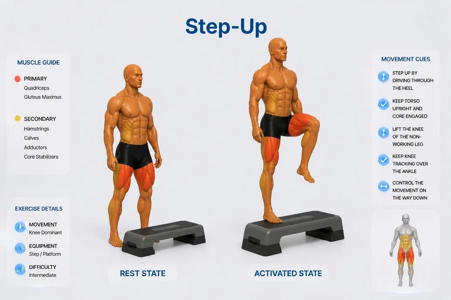Step-Up — rest and activated positions with muscles worked