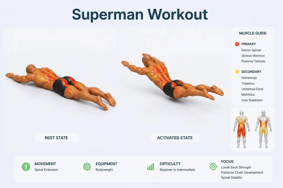 Superman — rest and activated positions with muscles worked