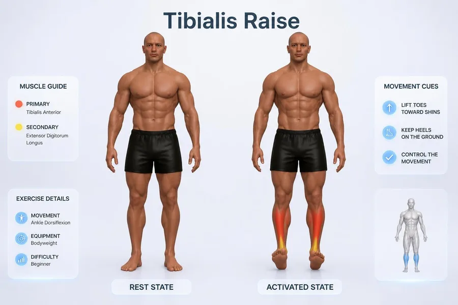 Tibialis Raise — rest and activated positions with muscles worked