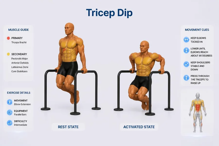 Tricep Dip — rest and activated positions with muscles worked